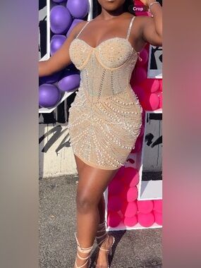 Beaded Nude Pearl-Embellished Bodycon Dress